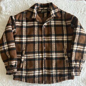 Men's Maison Article Quilted Plaid Jacket With Snap Buttons Brown Casual - Large